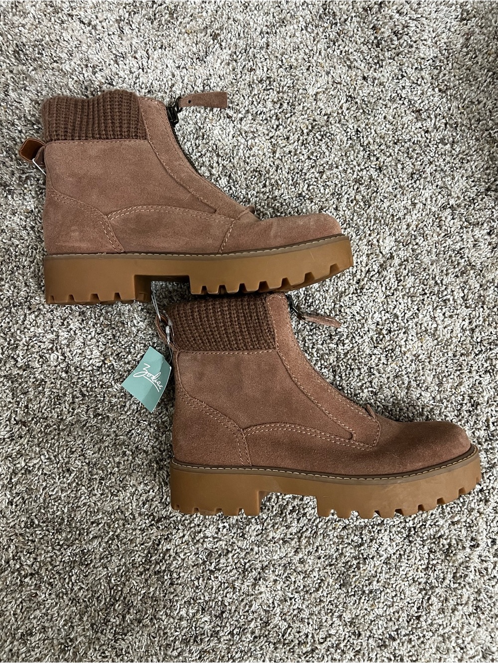 Zodiac Brown Suede Lug Ankle Boots with Knit Collar